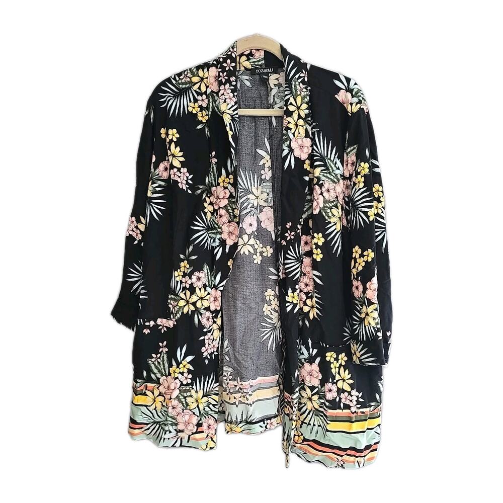 Roz & Ali Black Floral Open Front Whimsy Cardigan Blazer‎ Jacket Womans Size 2X